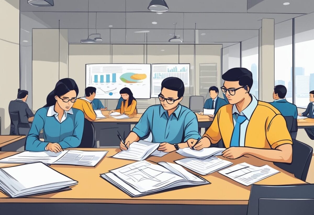 Employees gather notes, charts, and reports. They review and organize information for the upcoming skip-level meeting. A sense of anticipation and preparation fills the room