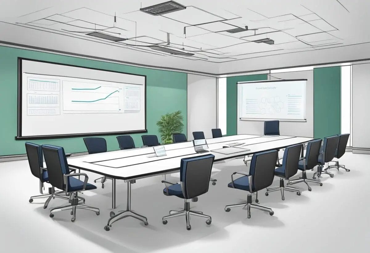 A conference room with a large table and chairs, a whiteboard with bullet points, and a projector displaying a presentation. A folder with documents and a notebook with a pen are placed in front of each chair