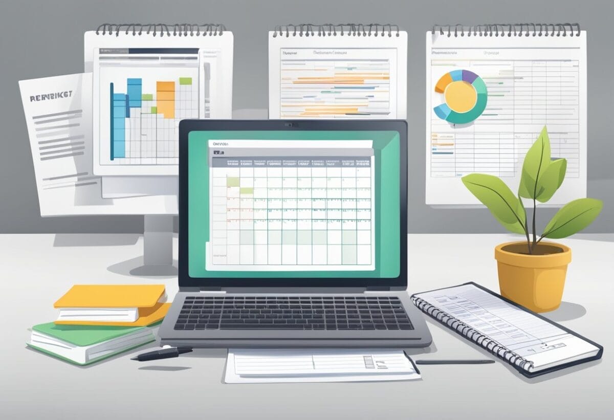 A desk with a computer, notepad, and pen. A calendar showing the date of the performance review. A stack of documents labeled "performance metrics" and "goals."