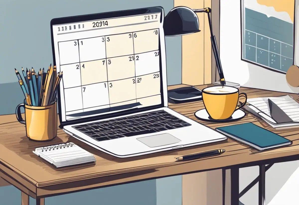 A desk with a laptop, notebook, and pen. A cup of coffee sits nearby. A calendar on the wall shows the date of the meeting