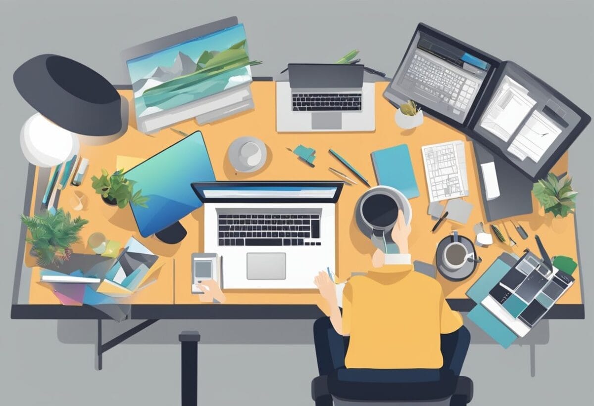 A graphic designer sits at a desk, surrounded by a computer, drawing tablet, and various design tools. They are creating a visually appealing layout for a client's project