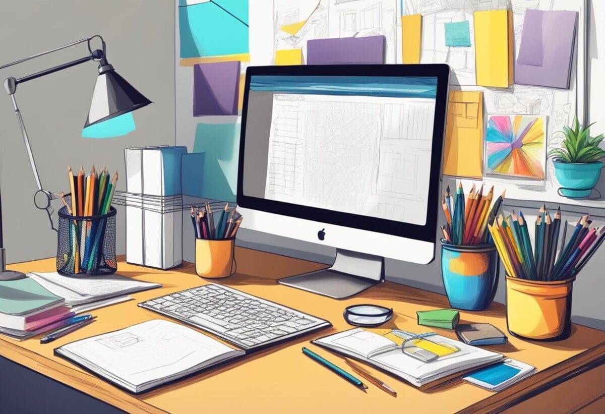 A desk with a computer, drawing tablet, and sketchbook. Posters and design books on the wall. Colorful markers and pencils in a cup. A mood board with inspiration images
