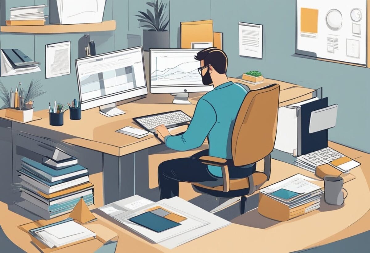 A graphic designer sits at a computer, surrounded by design software and reference materials. They are creating a portfolio of work to showcase their skills and attract potential clients or employers