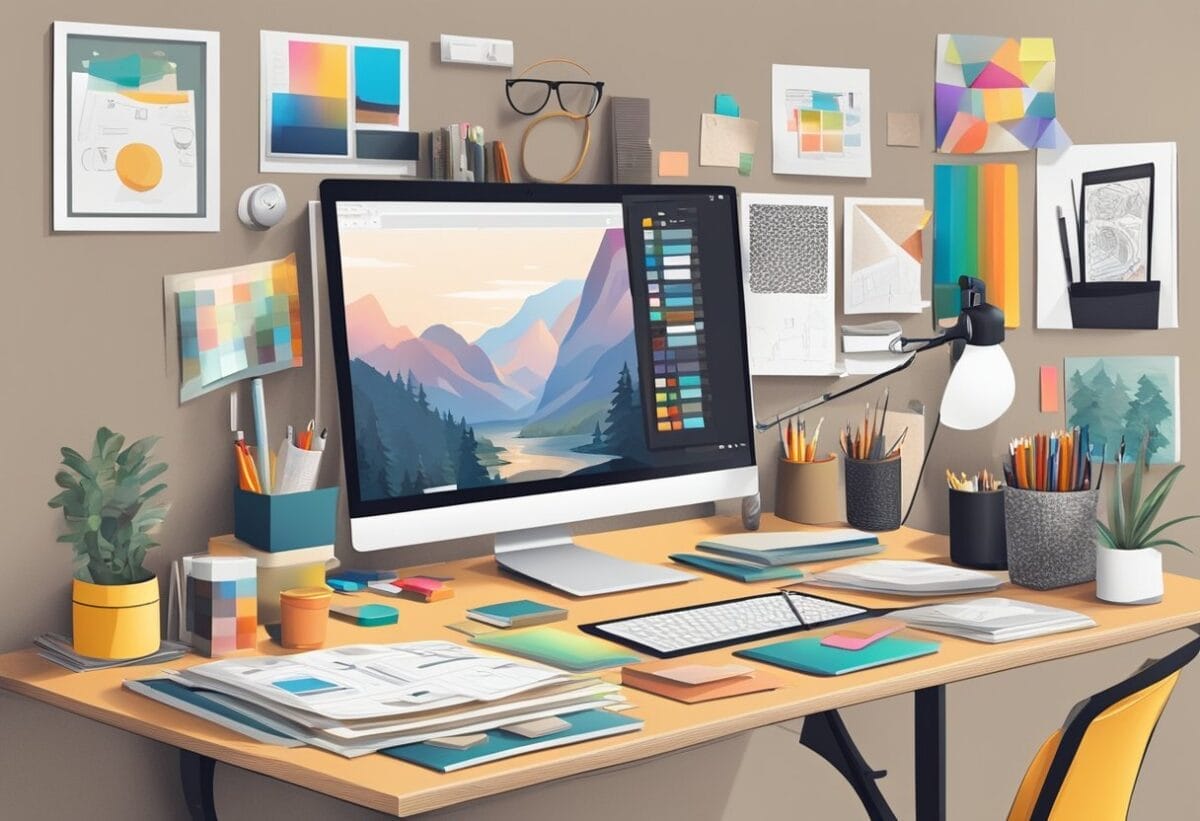A designer's desk cluttered with design books, a computer, and various drawing tools. A mood board on the wall filled with color swatches and inspiration images
