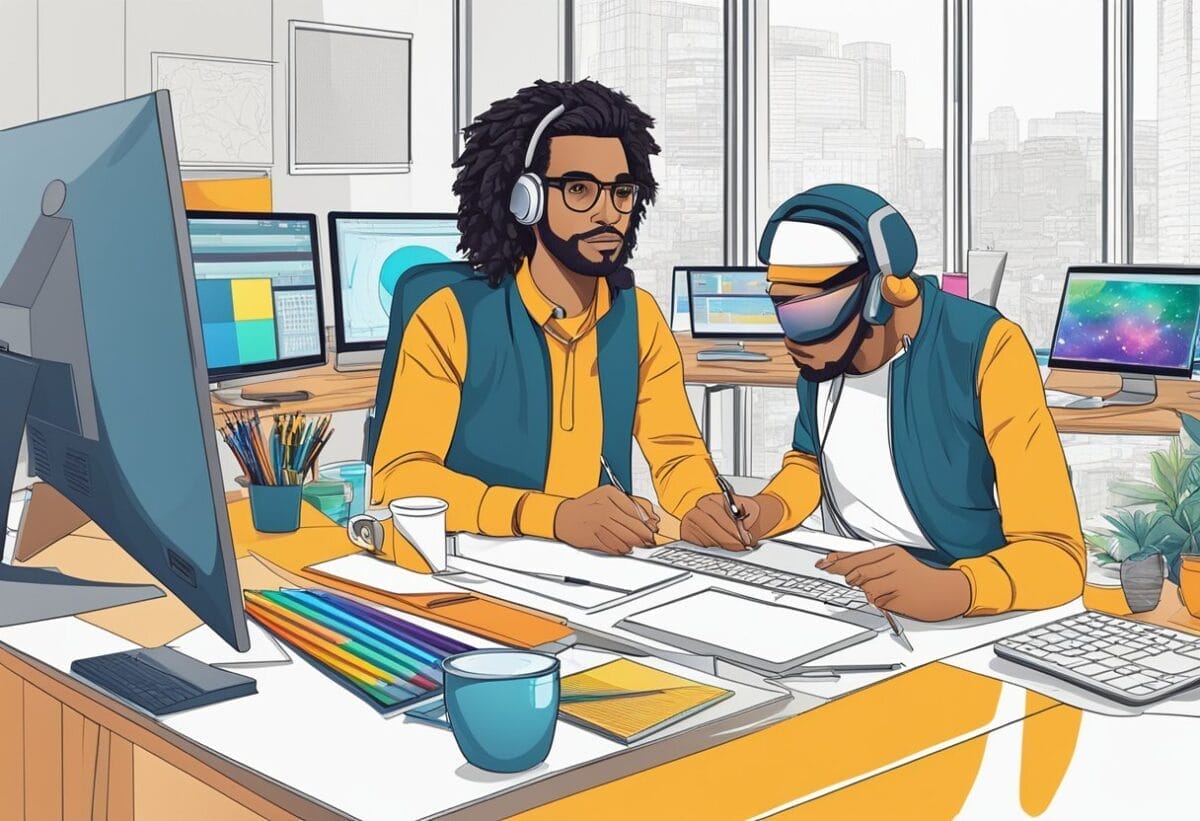 A graphic designer sits at a desk, surrounded by design software and drawing tools. A computer screen displays a vibrant and modern design project