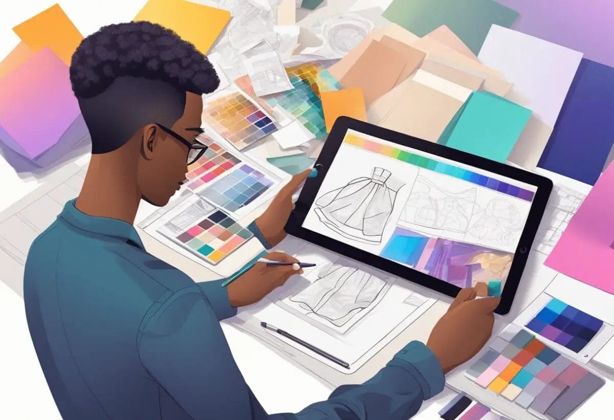 A fashion graphic designer sketches clothing designs on a digital tablet, surrounded by mood boards and color swatches