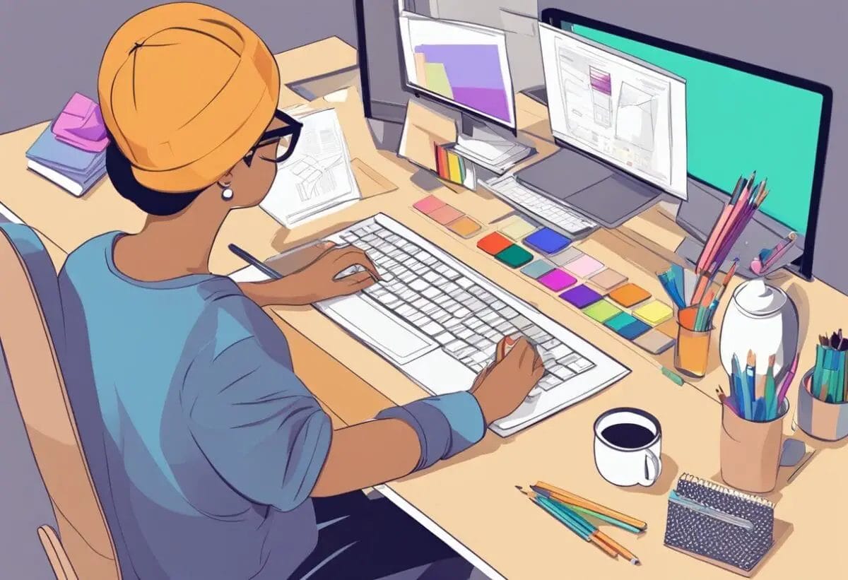 A fashion graphic designer sits at a desk, sketching clothing designs and experimenting with color palettes and patterns. Design books and a computer are open for reference