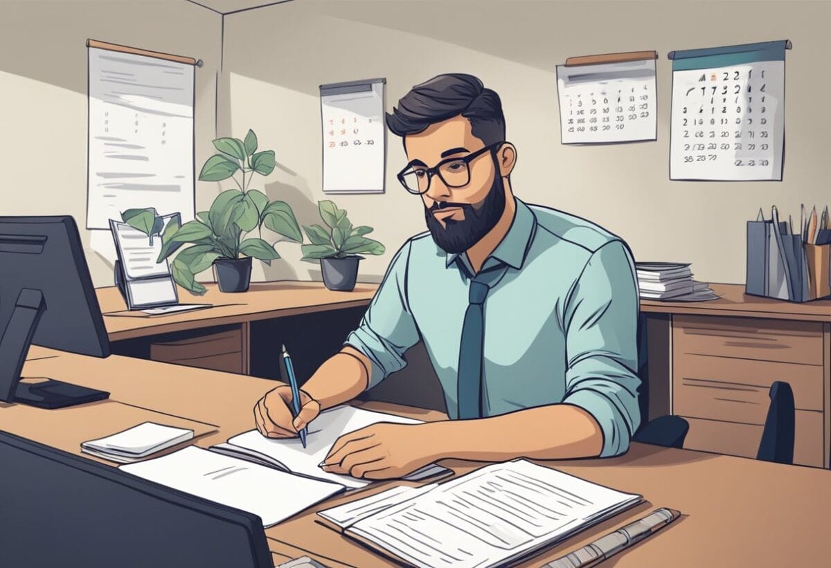 A person sitting at a desk with a list of questions in front of them, while a calendar and notebook are open, indicating preparation for a meeting with a recruiter