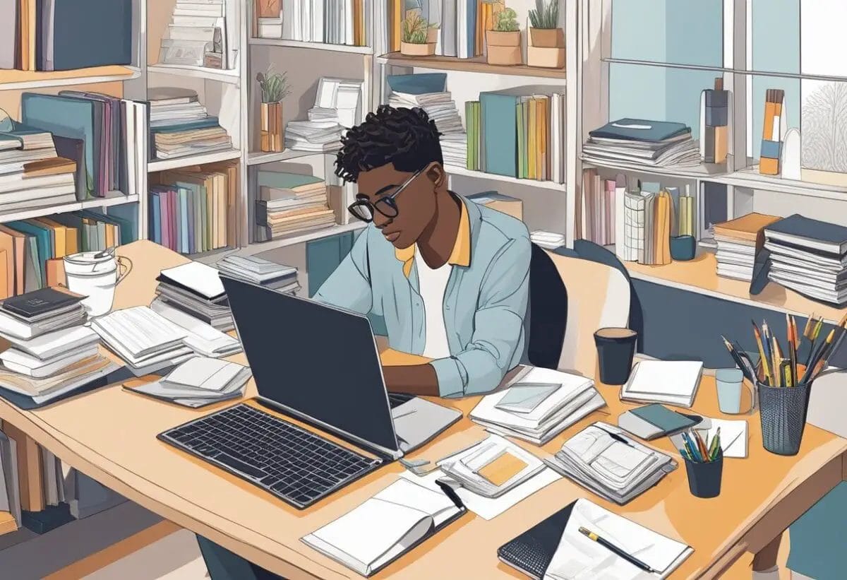 A fashion graphic designer sits at a desk, surrounded by sketchbooks, markers, and a computer. They are researching and learning about fashion design education through books and online resources