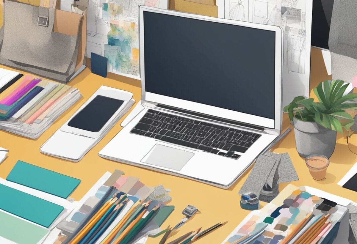 A cluttered desk with a computer, sketchbooks, pencils, and fabric swatches. Fashion magazines and mood boards adorn the walls. A mood board with color palettes and fabric samples