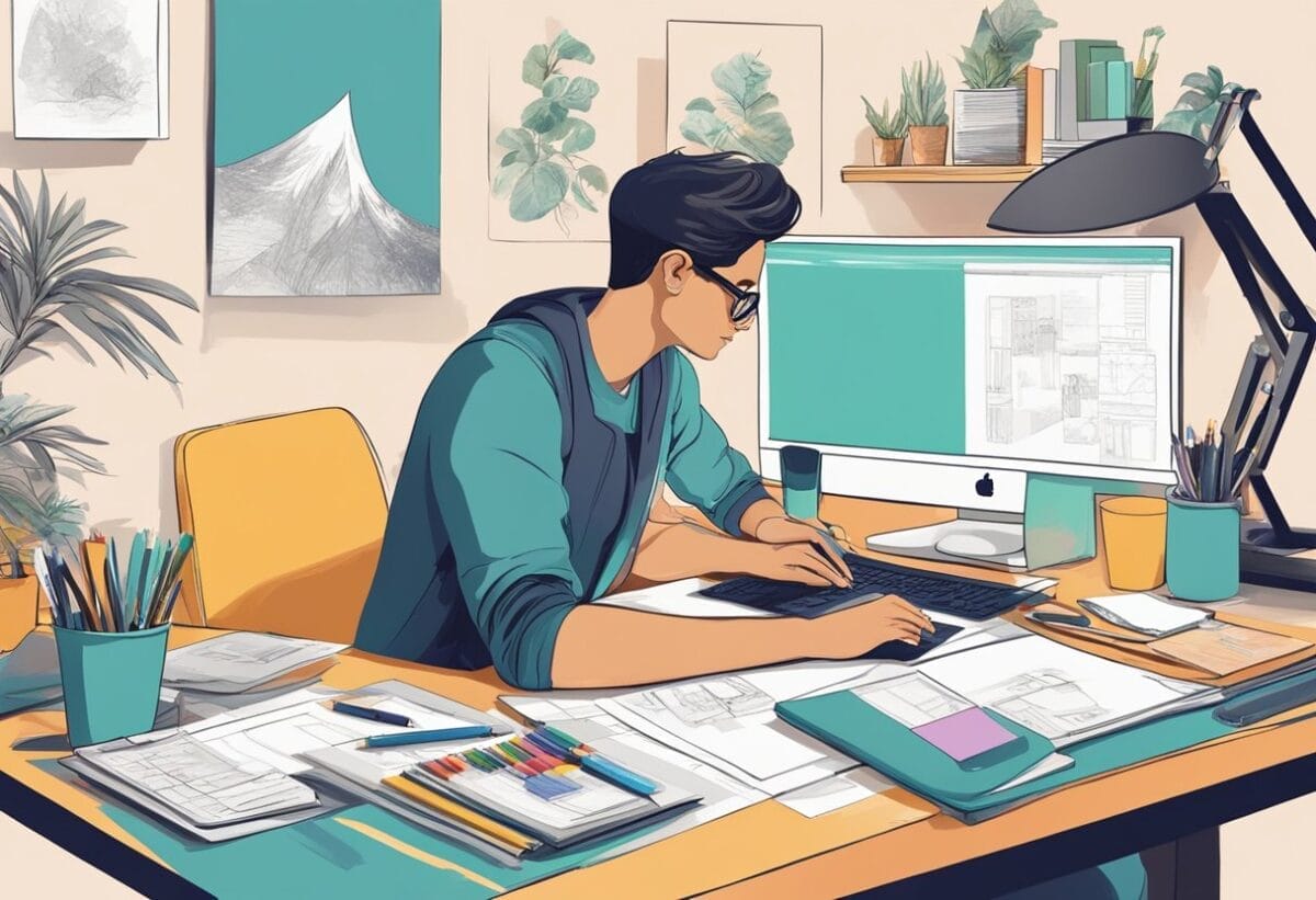 A fashion graphic designer works at a desk, surrounded by sketches, color swatches, and a computer. They are focused and determined, with a sense of creativity and passion evident in their workspace