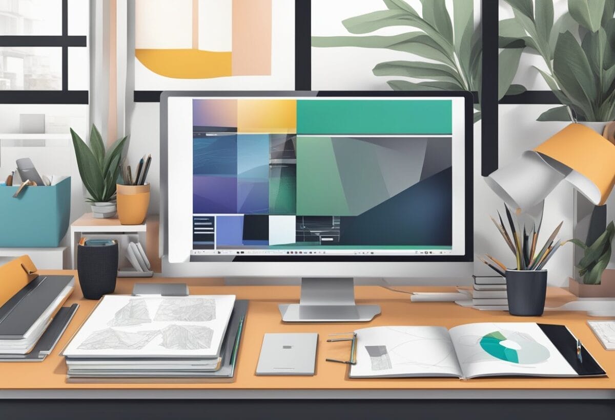 A fashion graphic designer's portfolio displayed on a sleek desk, surrounded by design books and a computer with design software open
