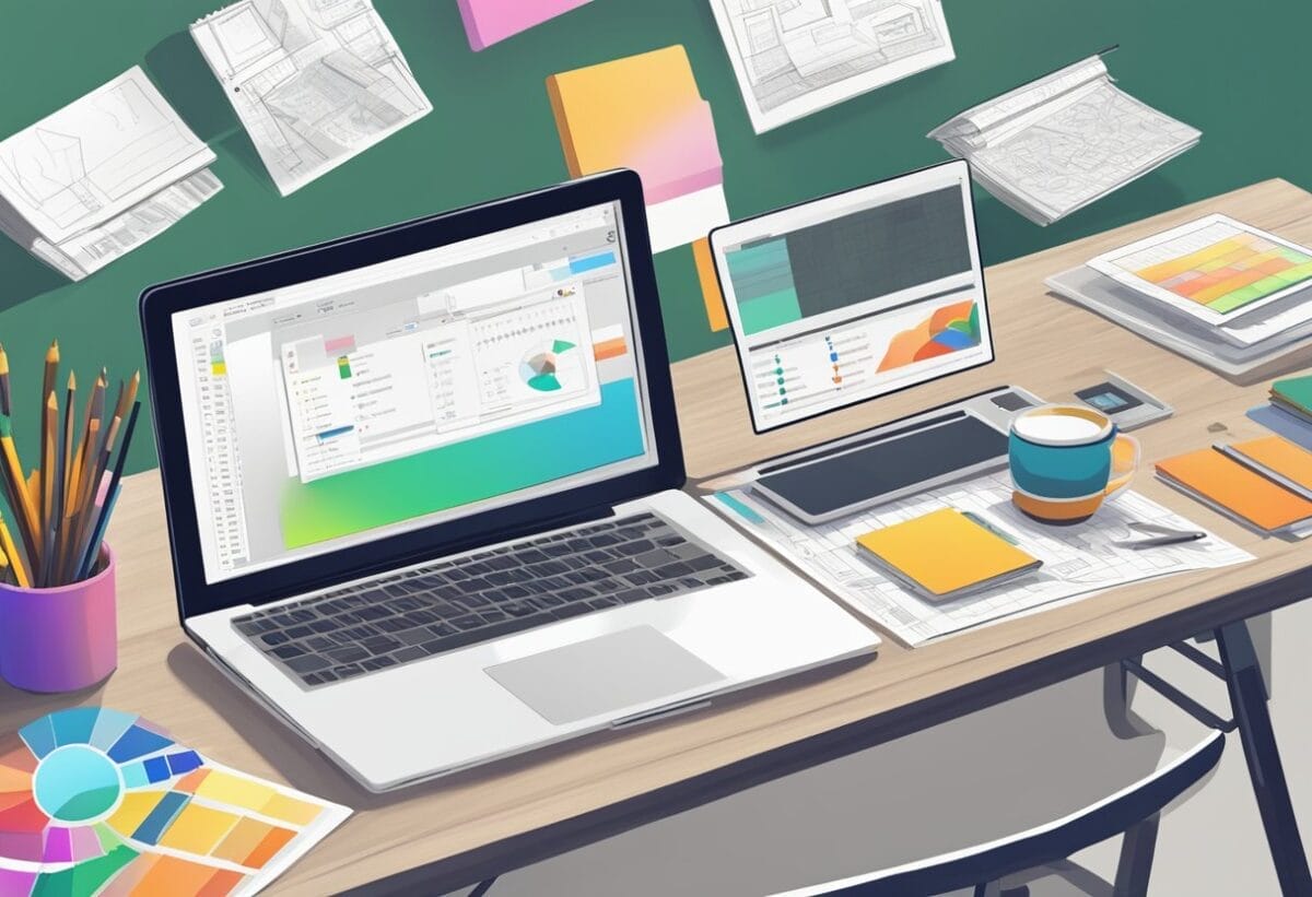 A laptop with design software open, surrounded by sketches and color swatches. A freelance graphic designer's salary guide book nearby