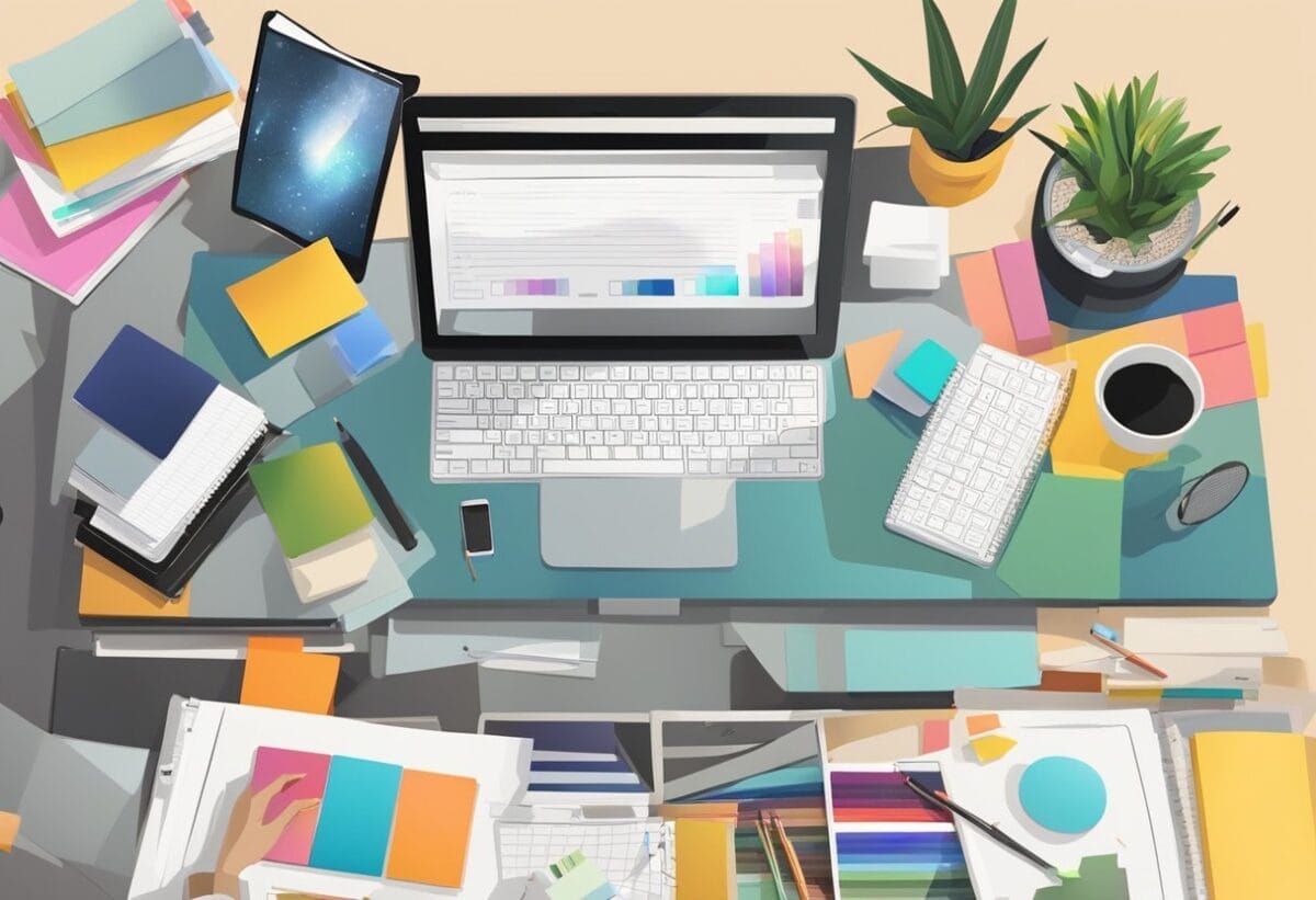 A desk with a computer, tablet, and sketchbook. Various design books and magazines scattered around. A mood board with color swatches and design inspirations