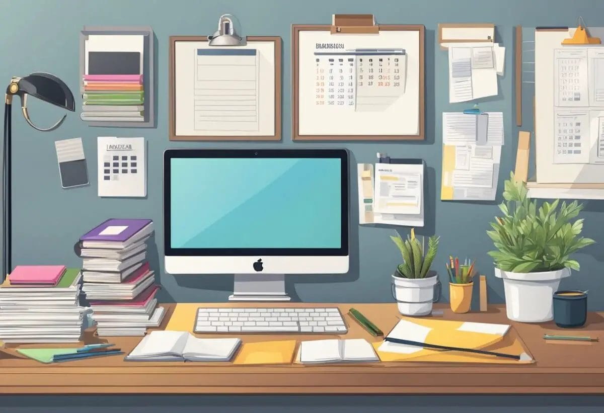 A desk with a computer, tablet, and sketchbook. A wall covered in design inspiration. A calendar with deadlines. A stack of design books