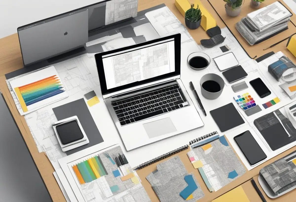 A desk with a computer, sketchbook, and various design tools. A portfolio displayed on the screen and printed samples laid out