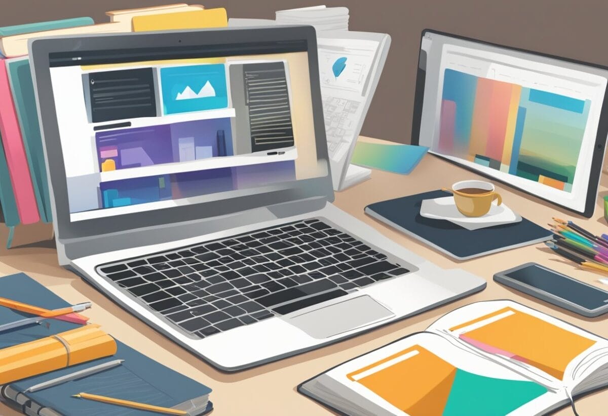 A desk with a computer, tablet, and sketchbook. A book titled "Building Your Graphic Design Foundation" is open, with a freelance career guide visible