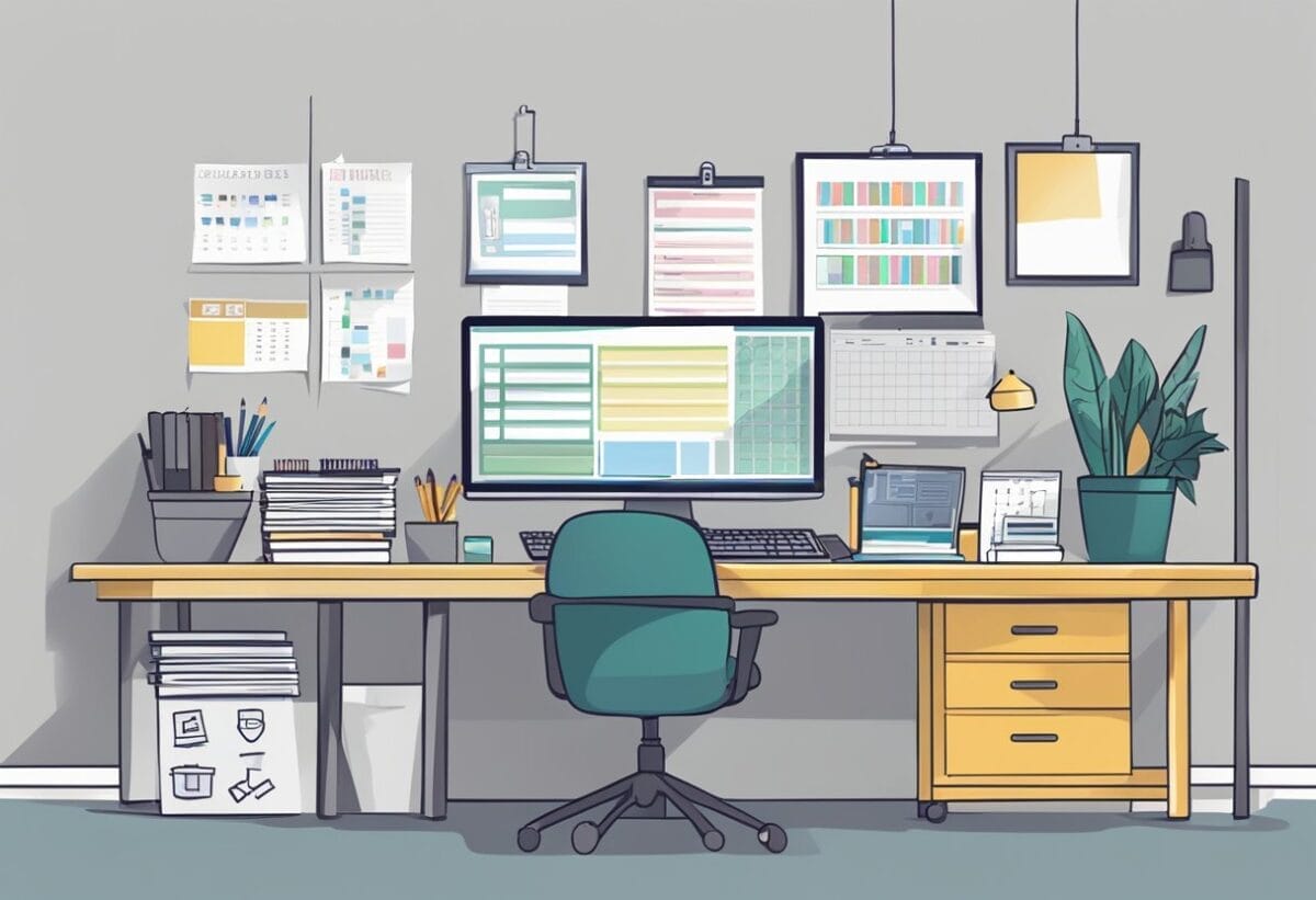 A computer with graphic design software open, a desk with a notebook and pen, a calendar with important dates, and a sign that says "Freelance Graphic Designer" on the wall