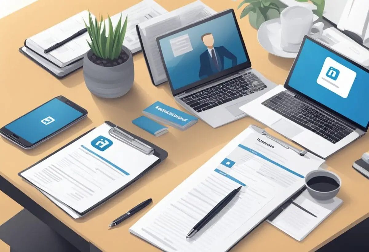 A desk with a neatly organized resume, a notepad, and a pen. A laptop displaying a professional LinkedIn profile. A confident and prepared atmosphere