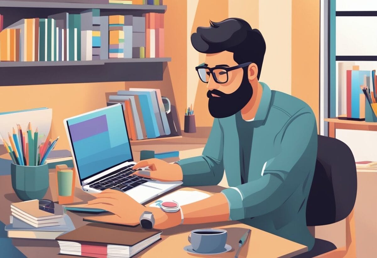 A graphic designer at a desk, with a computer, tablet, and sketchbook, surrounded by design books and inspiration