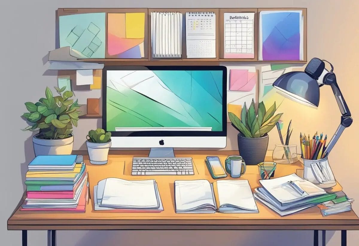 A designer's desk cluttered with sketchbooks, a computer, and colorful design tools. A calendar with deadlines and a stack of completed projects. A cozy, well-lit workspace with inspirational quotes on the walls