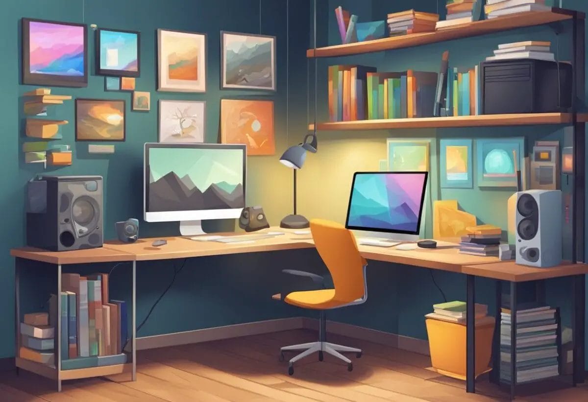 A desk with a computer, graphic tablet, and game design software. Posters of popular games on the wall. A bookshelf filled with art and design books