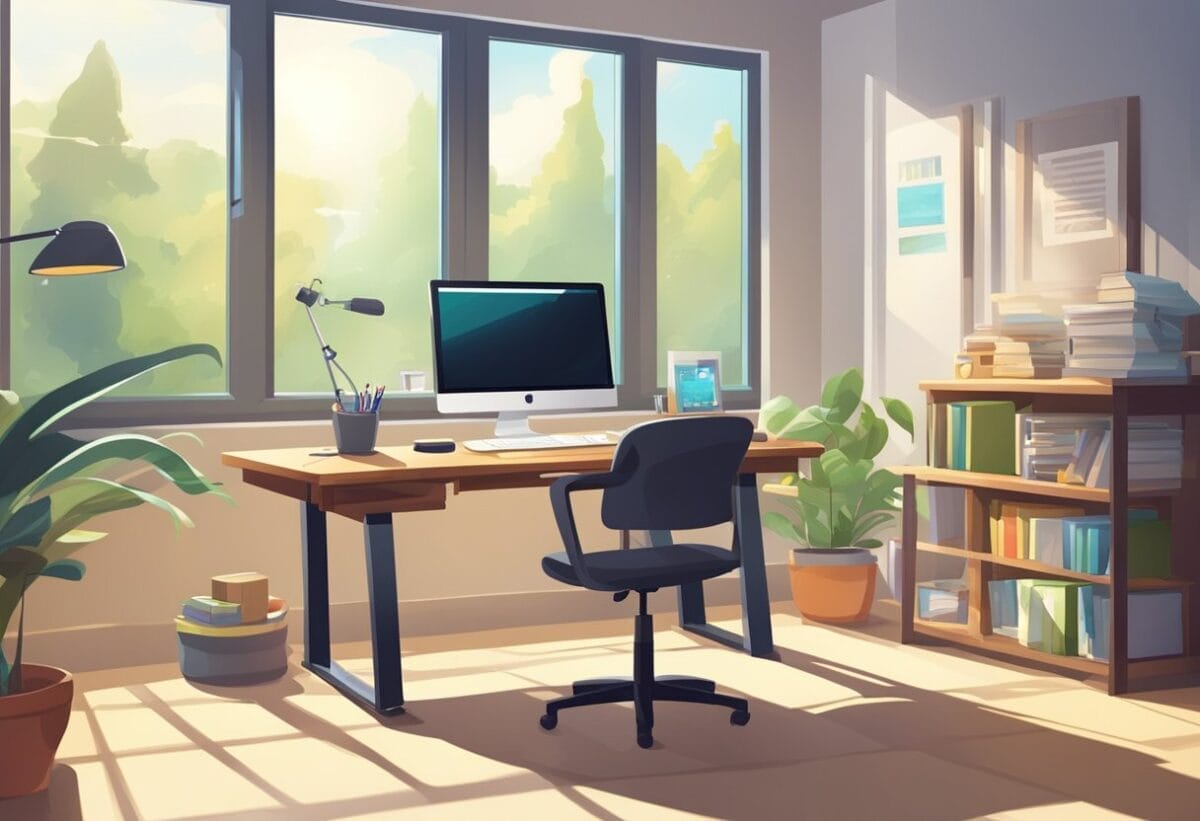 A desk with a computer, drawing tablet, and game design books. Posters of popular games on the wall. Bright light from a window