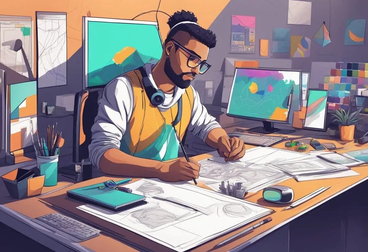 A game graphic designer sits at a desk, surrounded by sketches and digital art tools. They are focused on creating vibrant and detailed game visuals