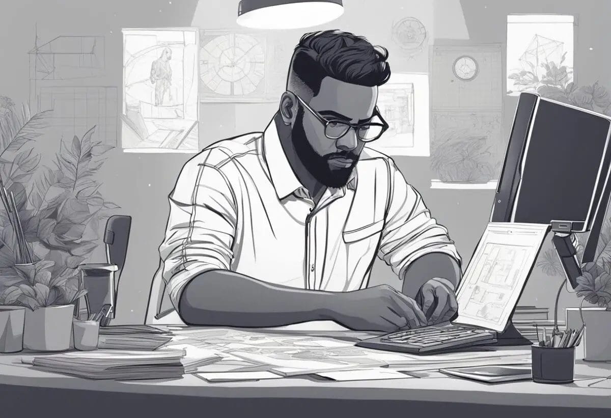 A game graphic designer sits at a desk, surrounded by sketches and digital design tools. They are focused and determined, working on creating visually stunning game graphics for the next big gaming hit