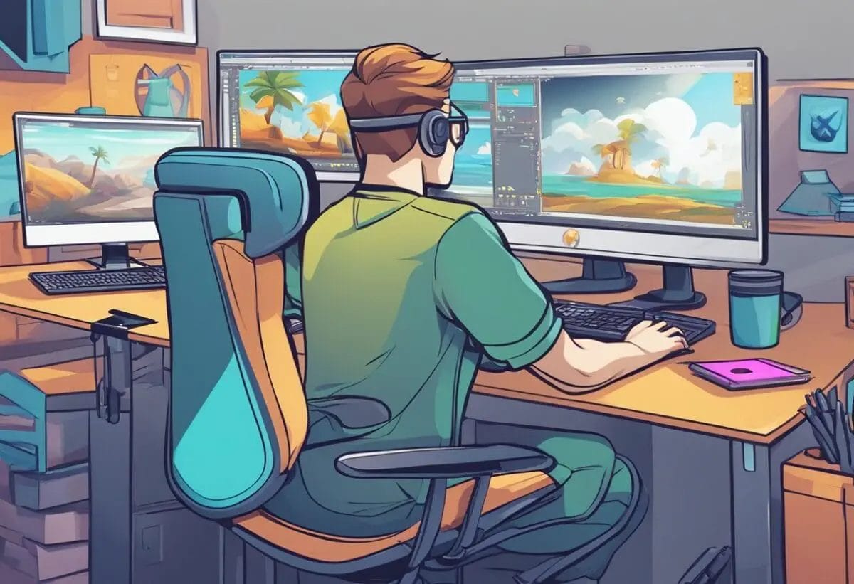 A game graphic designer is shown working on a computer, creating detailed and visually appealing graphics for a video game. They are using specialized software and a digital drawing tablet to bring their designs to life