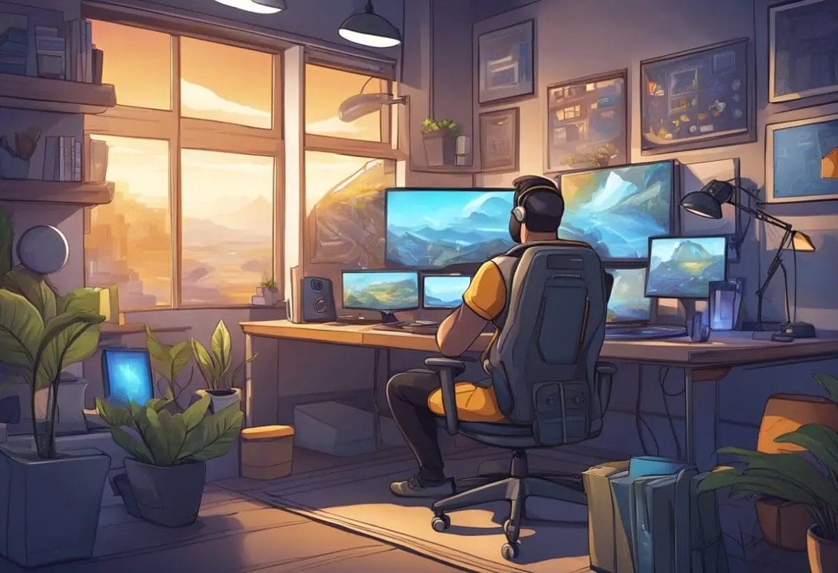 The scene shows a game graphic designer researching advanced opportunities and specializations in the gaming industry, with a focus on becoming a professional in the field