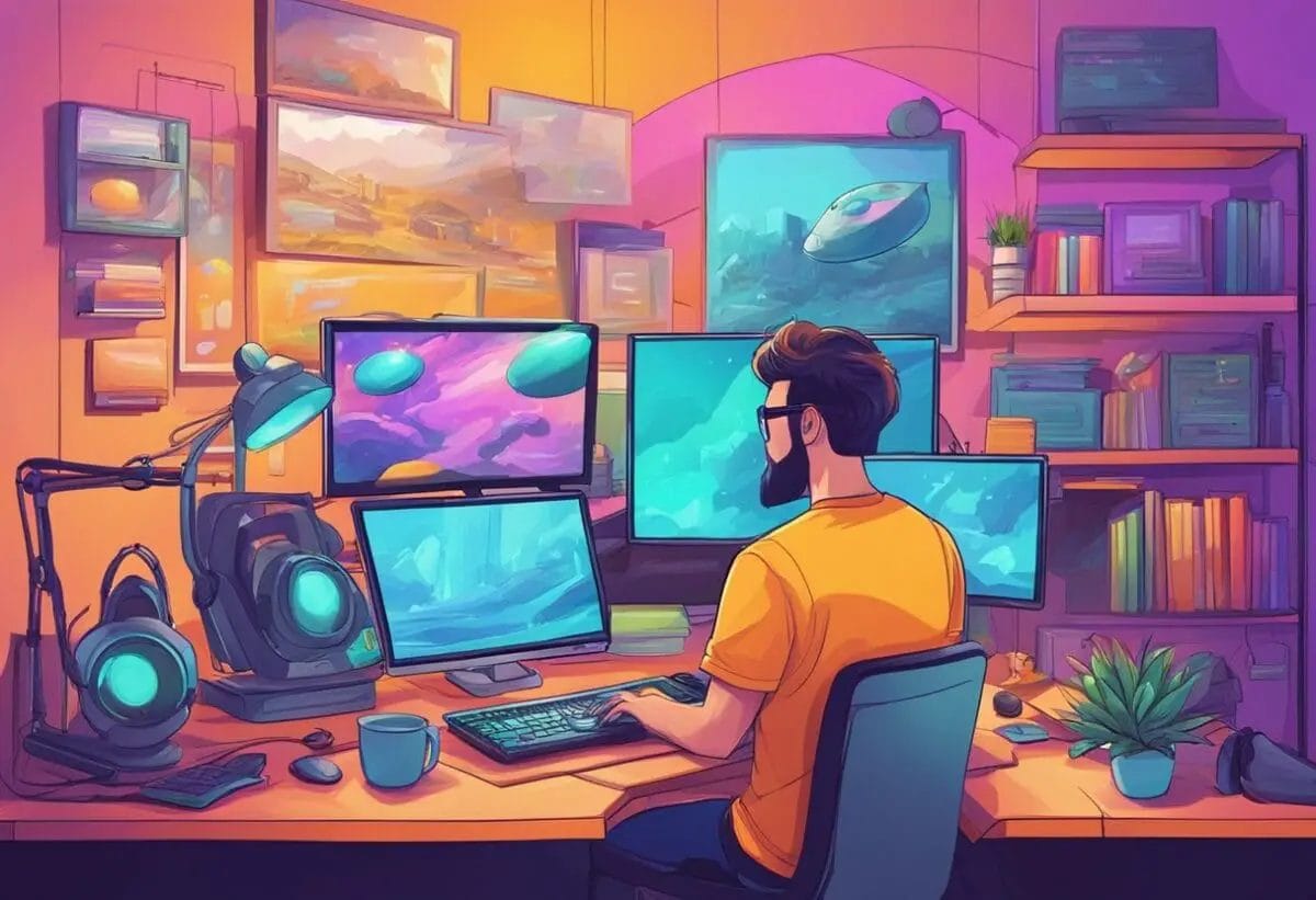 A game graphic designer sits at a computer, creating vibrant and dynamic visuals for a new video game. The room is filled with concept art and colorful sketches, inspiring the designer's creative process
