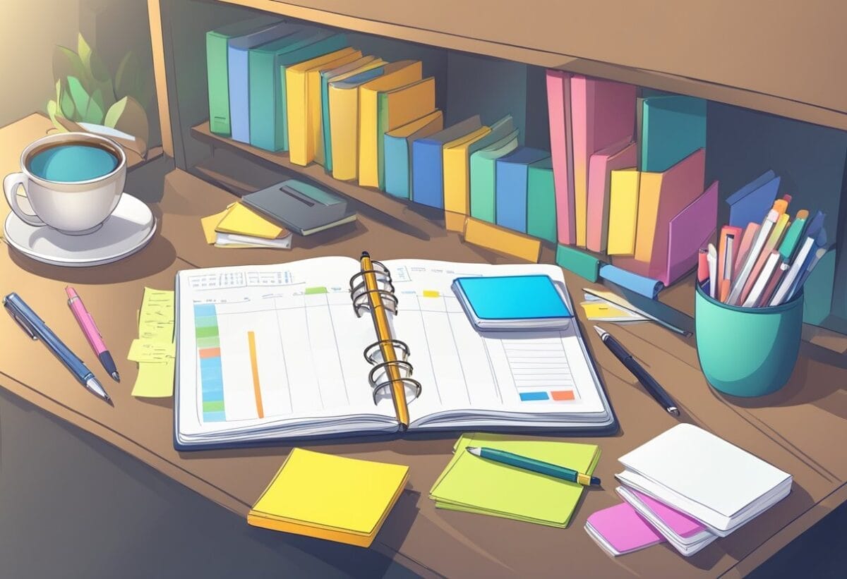 Desk with open notebook, pen, and coffee cup. Mentor's book on shelf. Calendar with meeting date circled. Post-it notes with key points