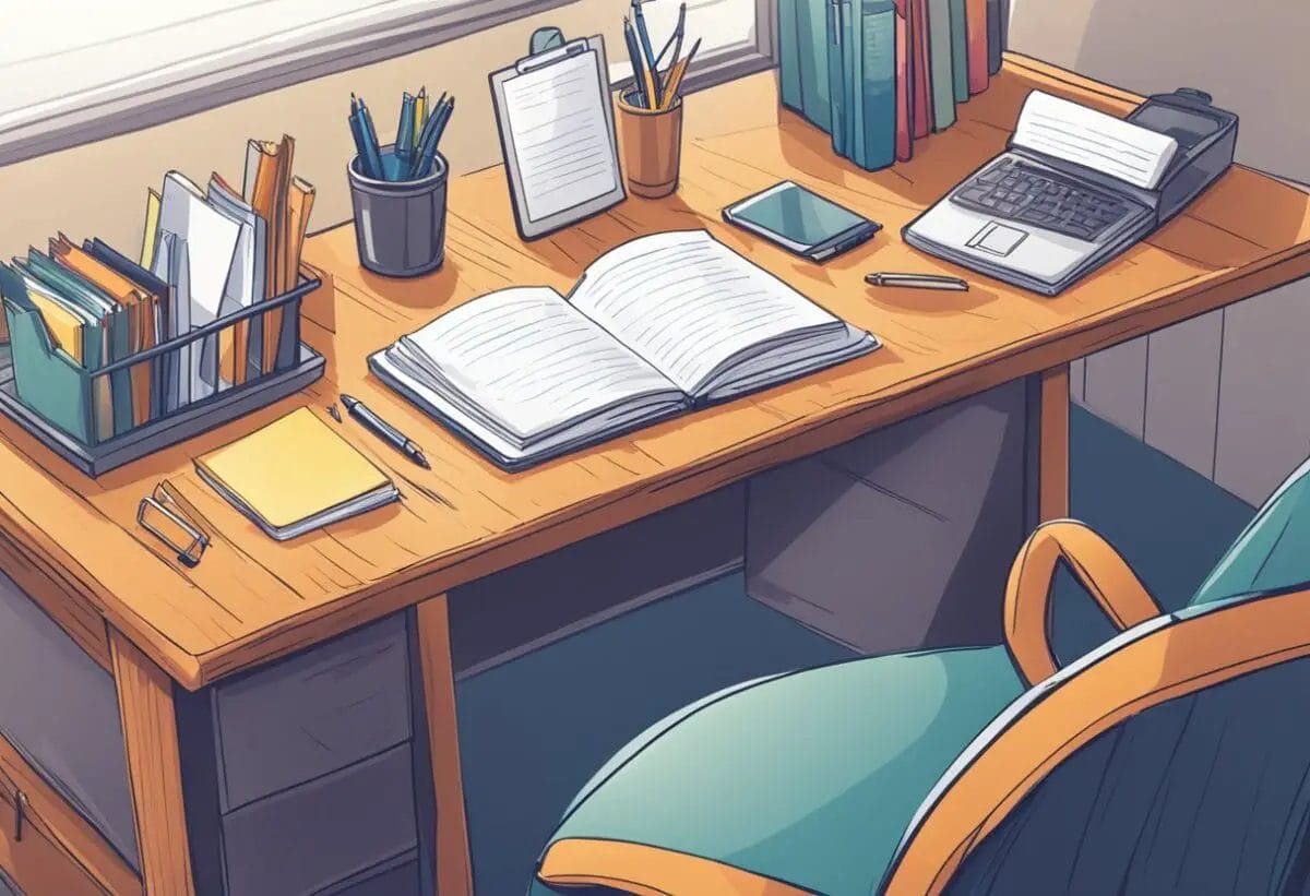 A cozy office with a desk, chair, and a bookshelf filled with resources. A notepad and pen are placed on the desk, ready for note-taking