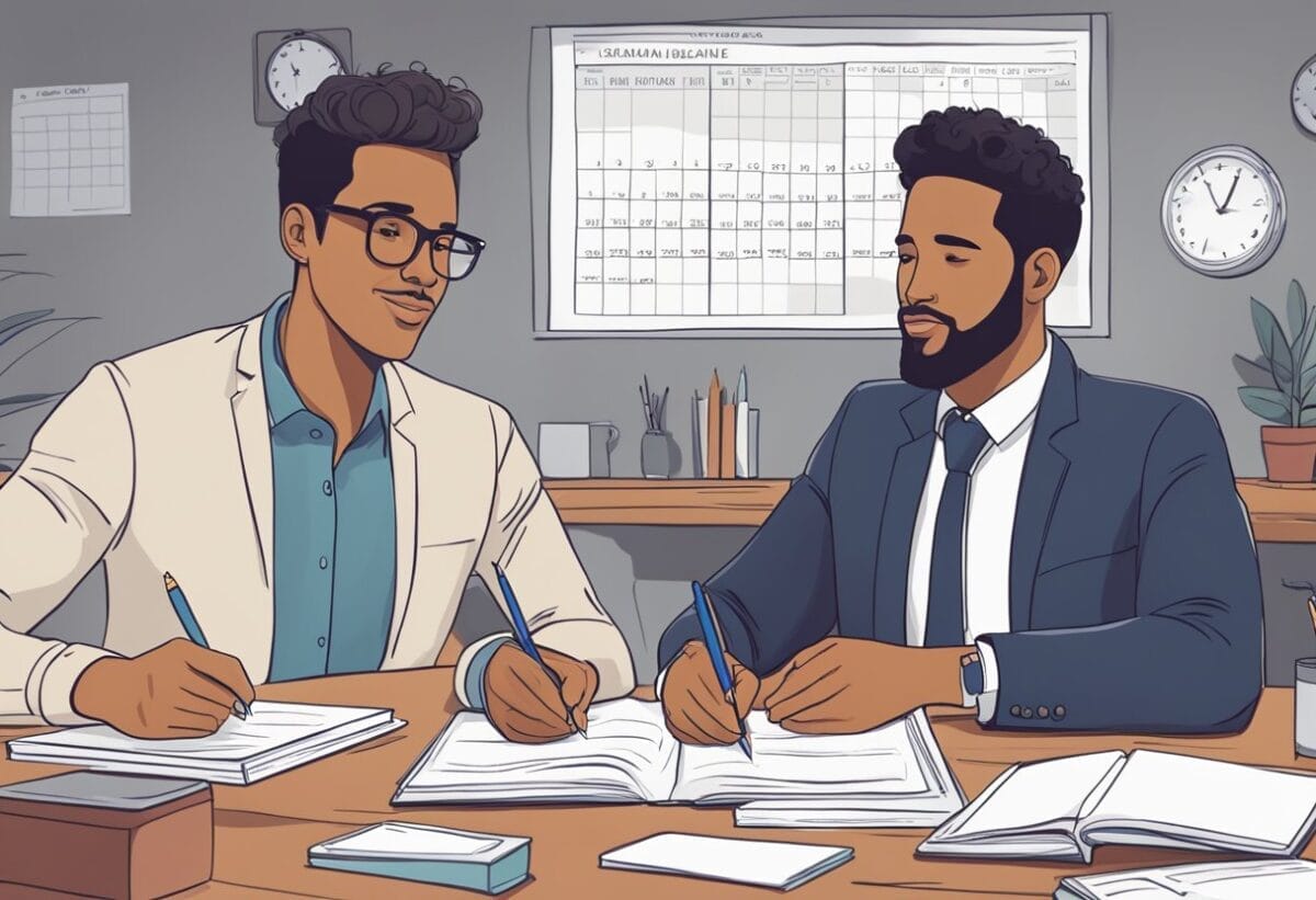 A mentor and mentee sit at a table with notebooks and pens, discussing long-term goals and strategies. A calendar with important dates and deadlines is visible in the background