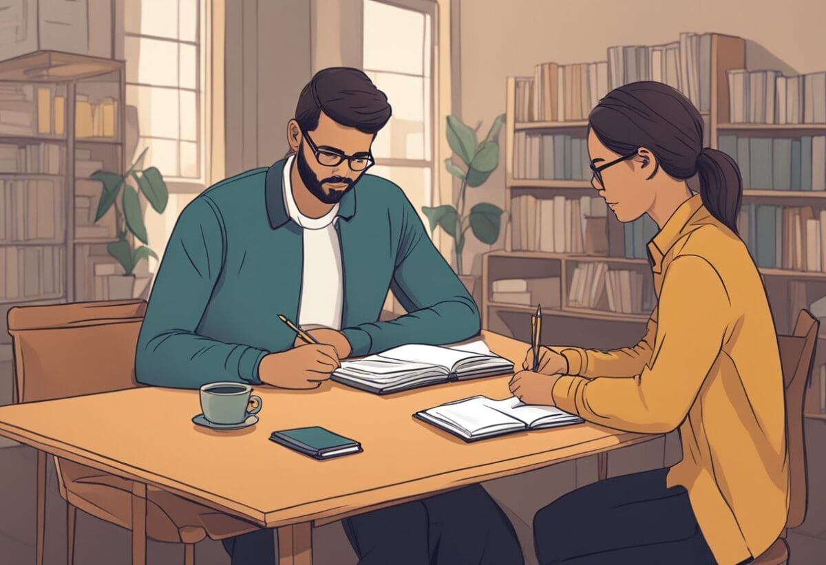 A mentor and mentee sit across from each other at a table, with notebooks and pens ready. The setting is calm and professional, with a warm and inviting atmosphere