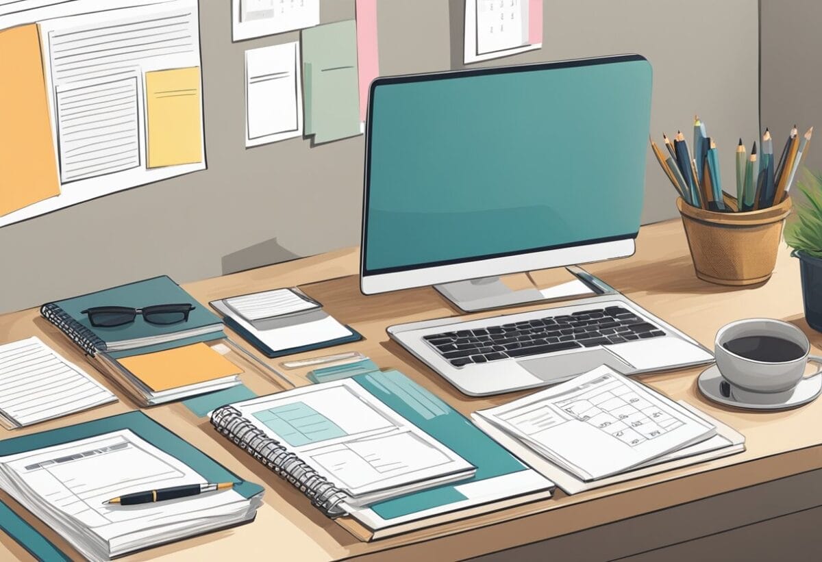 A desk with a laptop, notebook, and pen. A calendar on the wall with the meeting date circled. A stack of resumes and a professional outfit laid out