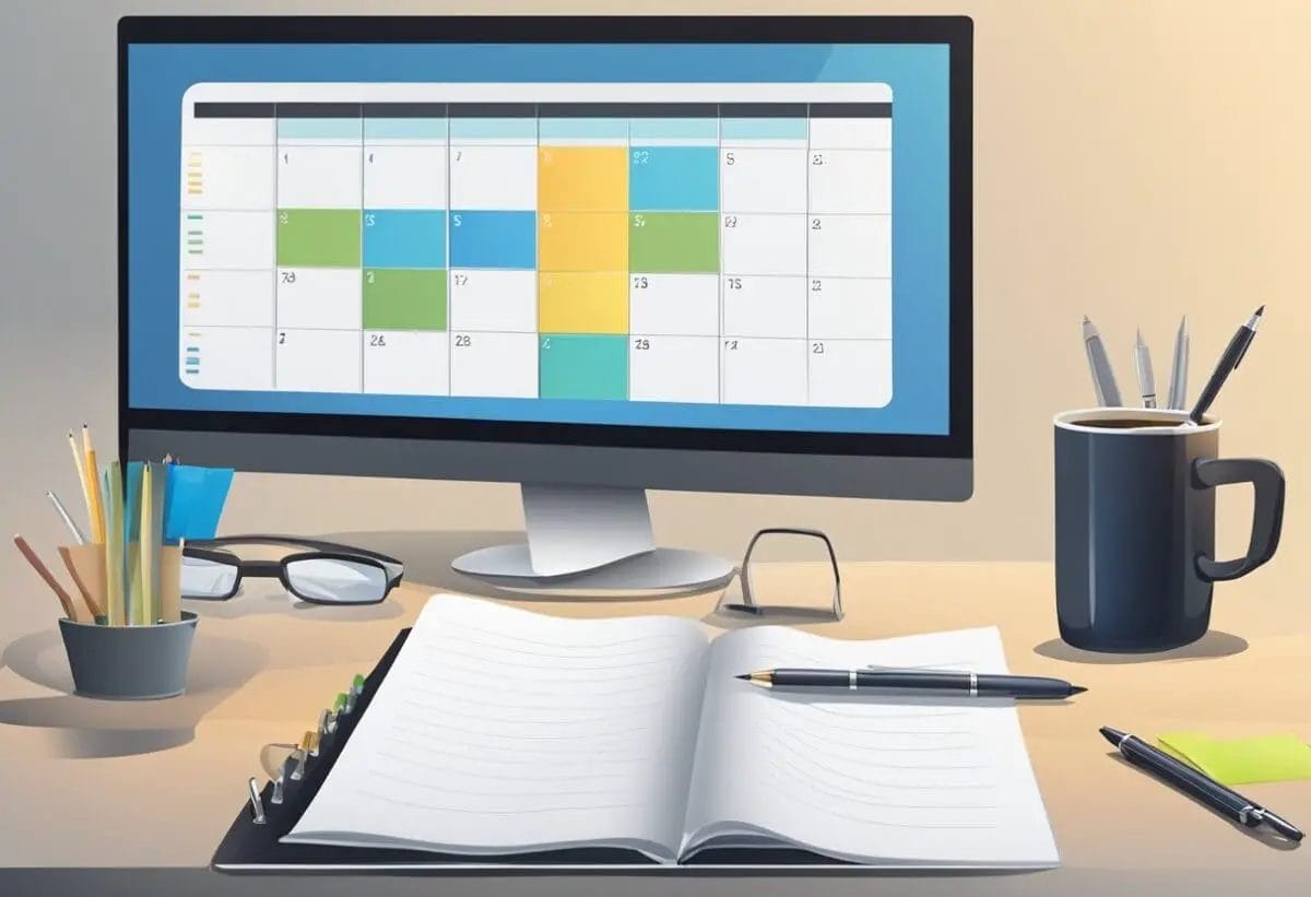 A table with a calendar, pen, and notepad. A team catch-up meeting guide open on the table