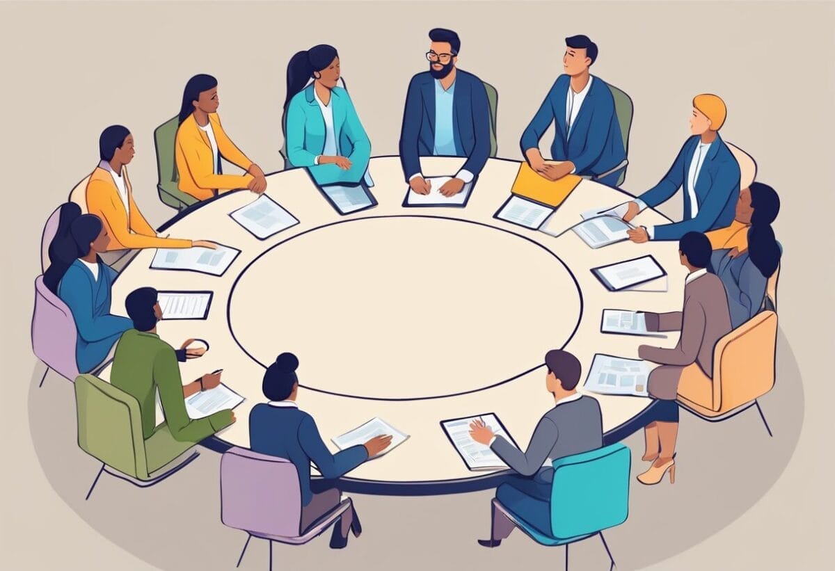 Team members gathered in a circle, discussing goals and progress. A leader facilitates the conversation, asking questions and encouraging participation