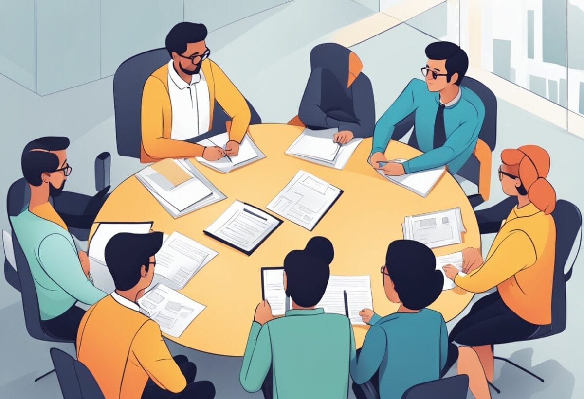 A team of workers gathered in a circle, discussing task management and workflow questions during a stand-up meeting