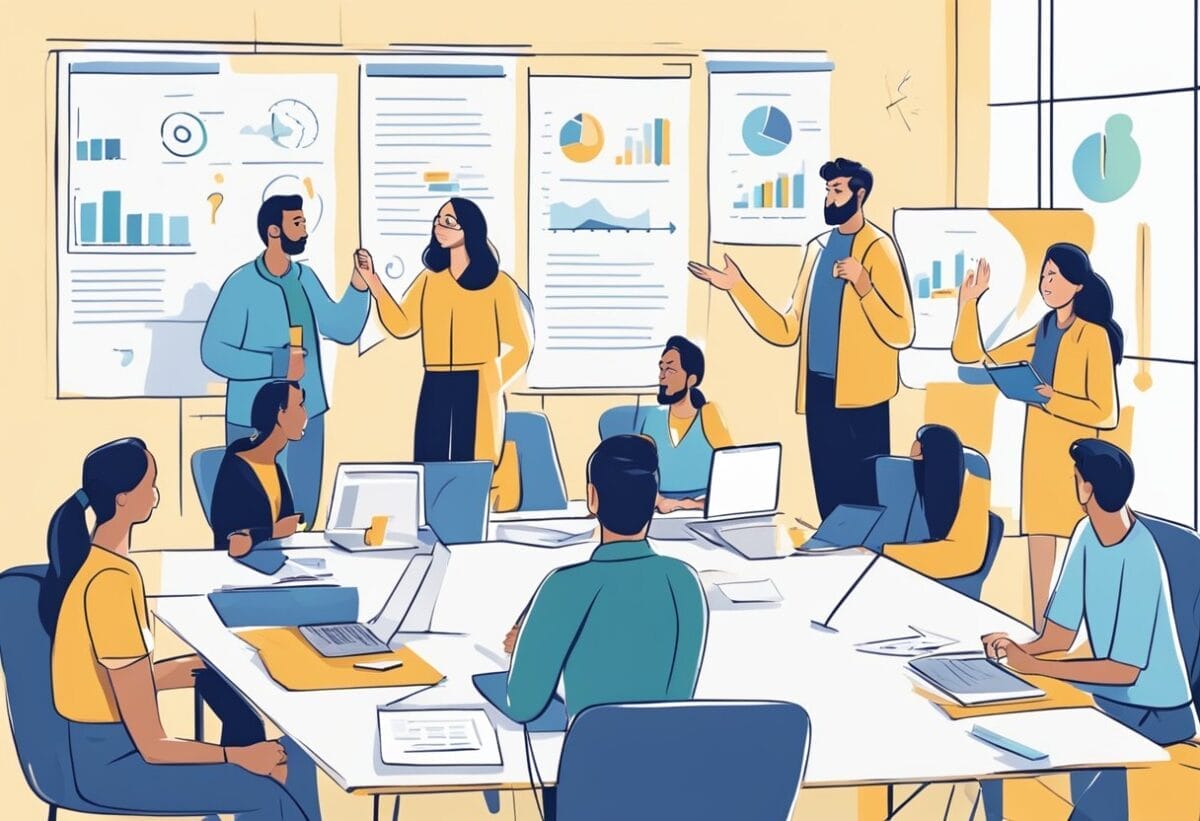 Team members discussing sprint goals in a stand-up meeting, asking questions and brainstorming ideas