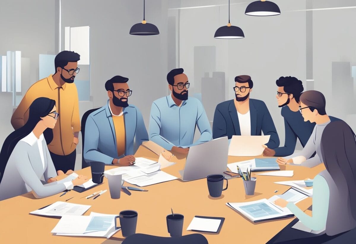 A team of professionals gathered around a table, engaged in a stand-up meeting, discussing project progress and asking questions