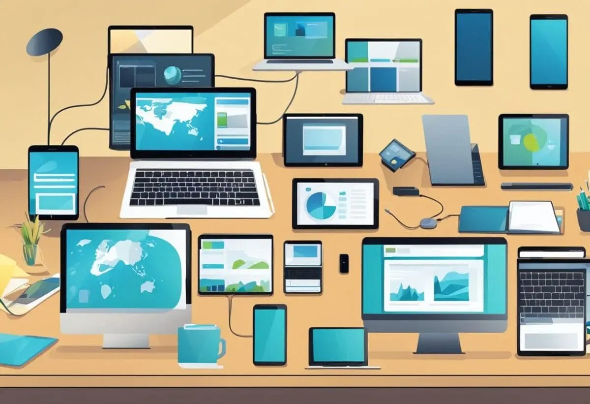 A group of digital devices, including laptops, tablets, and smartphones, are arranged on a table. A virtual meeting is displayed on the screens, with various technological solutions being utilized to combat meeting fatigue