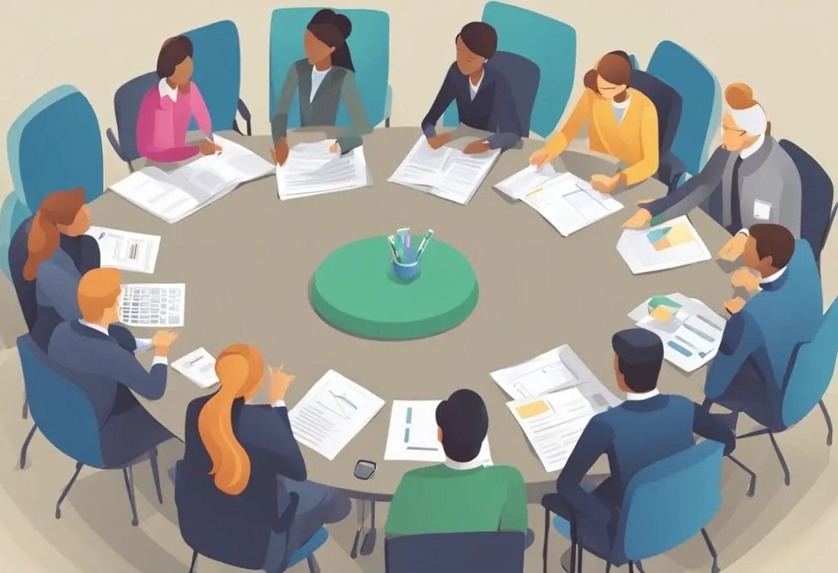 A team of professionals gathered in a circle, each taking turns to speak and share updates. A timer set on the table to ensure time efficiency