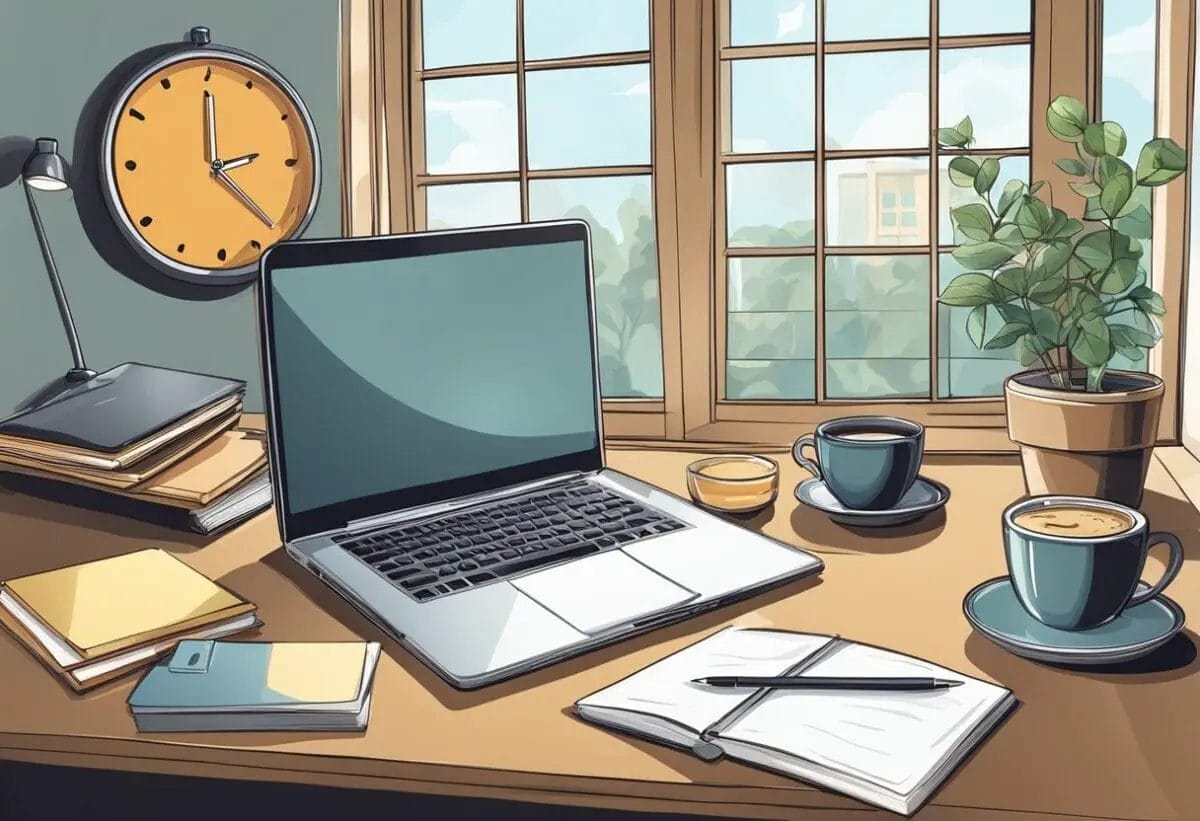 A cluttered desk with a laptop, notebook, and coffee cup. A clock on the wall shows the time. A window with natural light