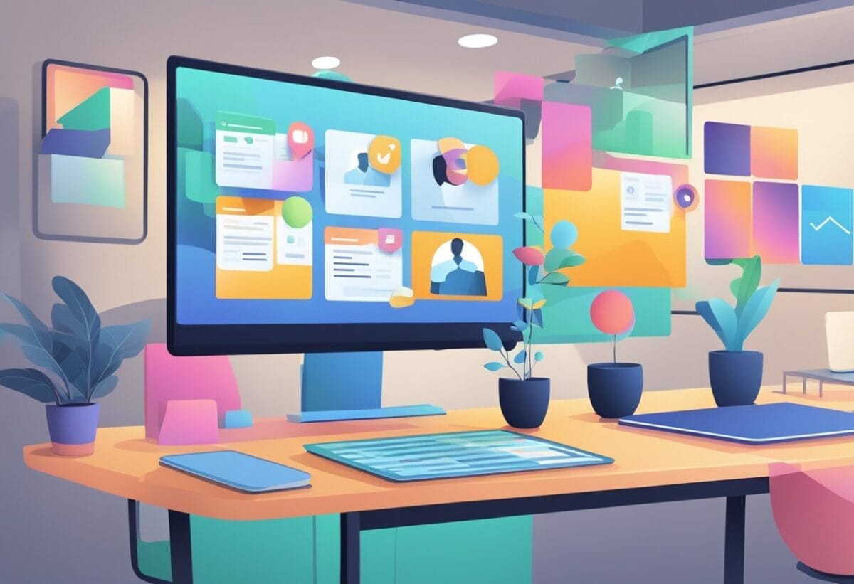 A cluttered virtual meeting space with multiple overlapping screens, tired-looking icons, and a clock showing the passage of time