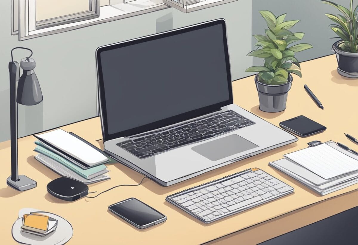 A desk with a computer, a notebook, and a pen. An open email template on the screen. A printed follow-up email template beside the computer