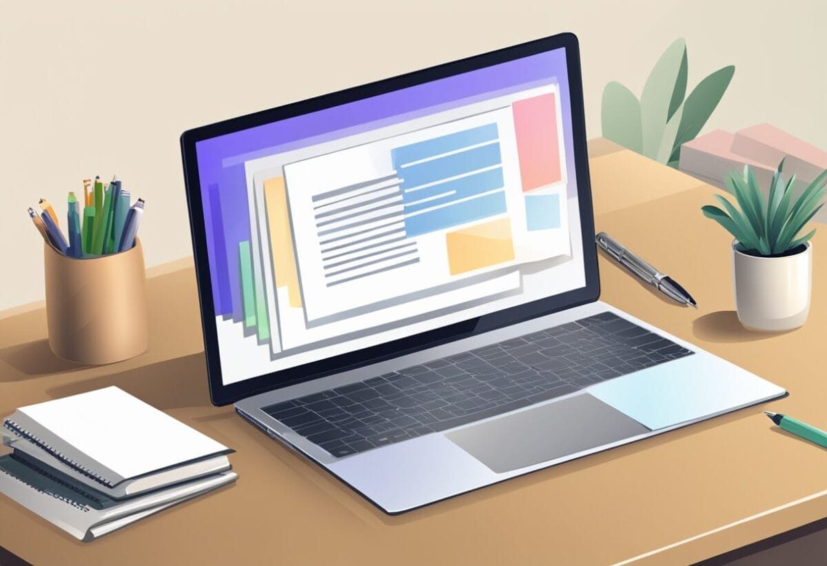 A laptop open on a desk, with a blank email template on the screen. A pen and notebook sit next to it