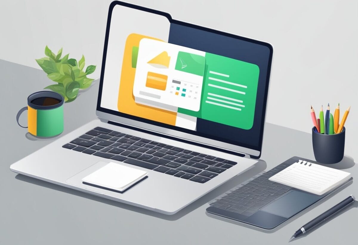 A desk with a laptop, notebook, and pen. An open email template on the screen. A calendar showing the date of the meeting