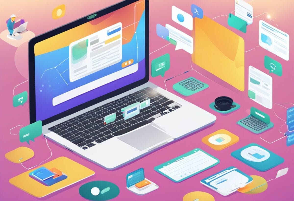 A laptop surrounded by various virtual engagement tools, with chat bubbles, polls, and interactive features displayed on the screen